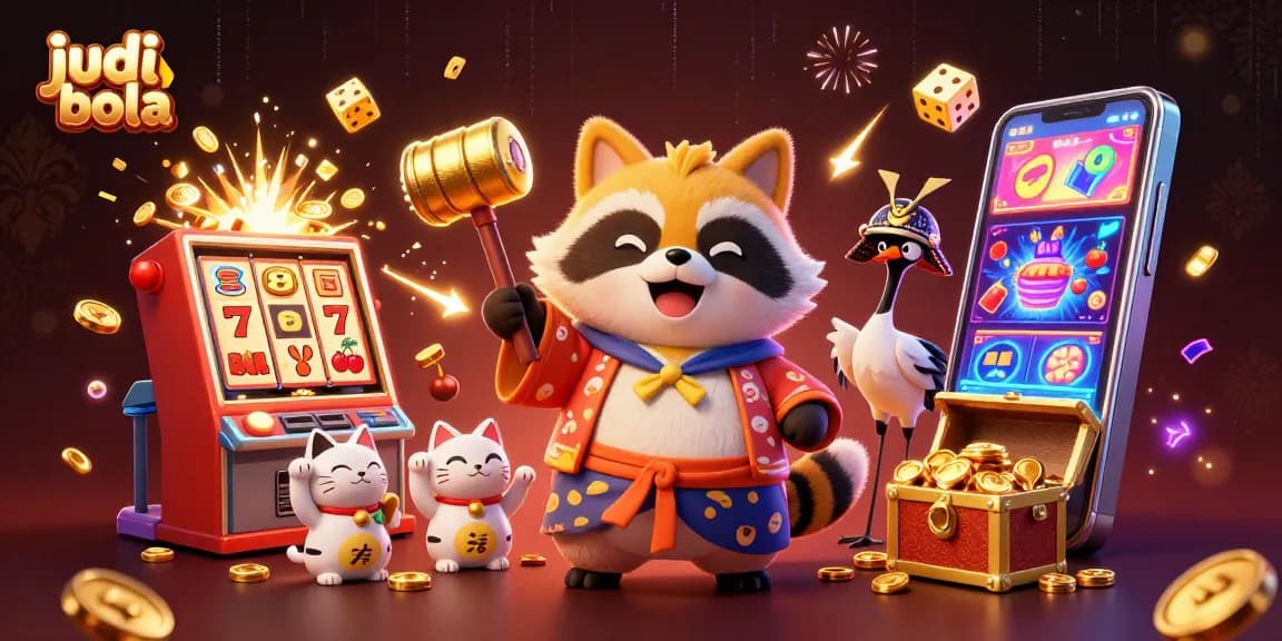Experience judi bola action with animated tanuki, cranes, and colorful fortune cats amidst dynamic gaming elements.