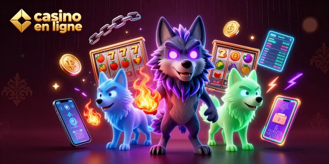 Jouez au casino en ligne entouré de symboles de jackpot et de crypto-monnaies brillants.