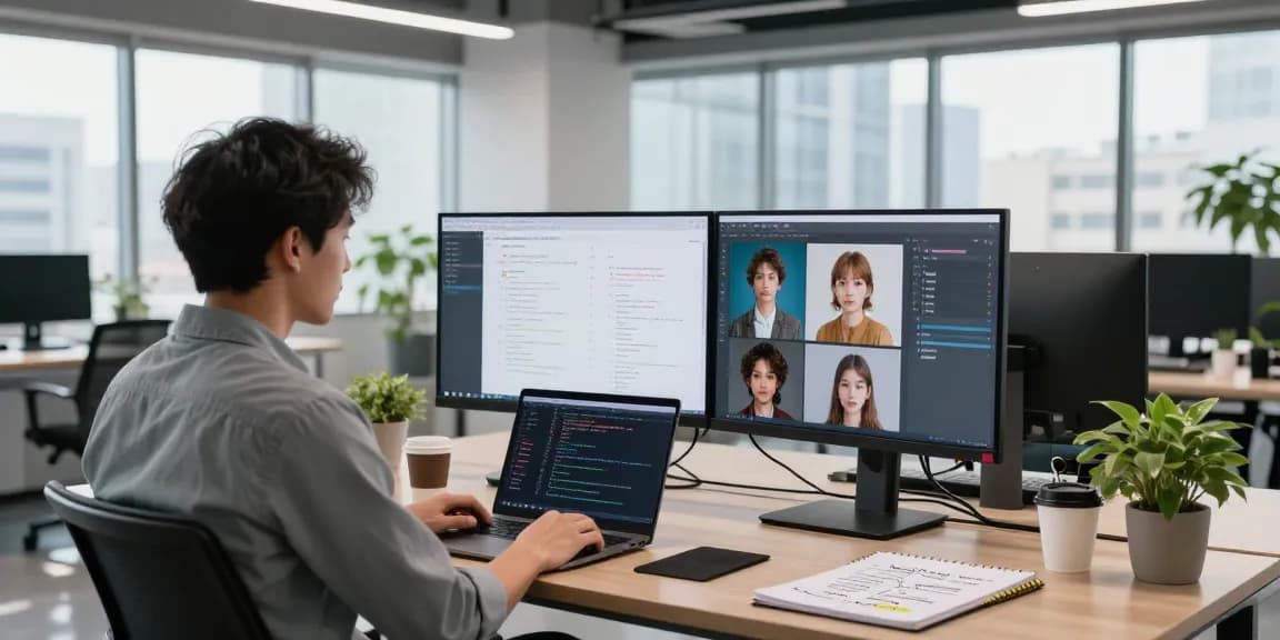 Detect AI image workspace with software engineer analyzing AI-generated photos using dual monitors in a bright office.