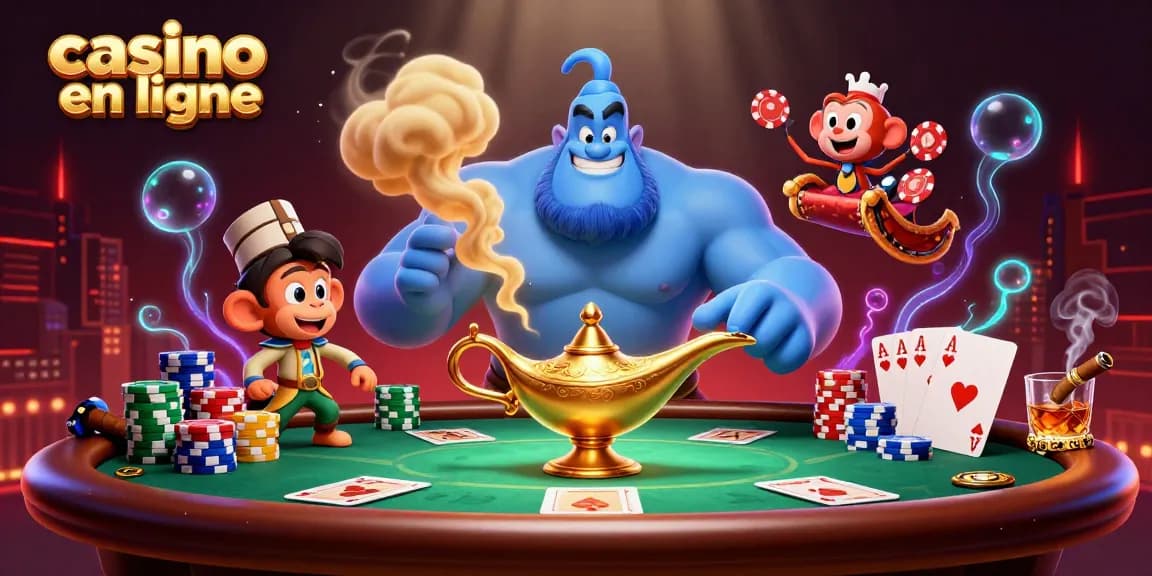 Vivez l'excitation du casino en ligne avec une scène dynamique mettant en vedette des personnages et des éléments de jeu.