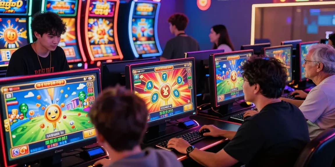 Penggemar bermain game slot di https://pasar88.com/ dengan suasana penuh warna dan lampu neon.