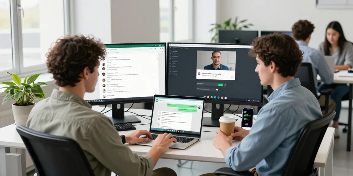 Engaged user accessing WhatsApp網頁版 on a laptop in a vibrant office space.