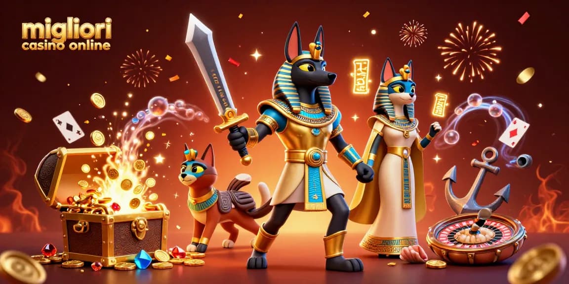 Illustrazione dei migliori casino online che mostra Anubis e Bastet in una vivace scena di casinò piena d'oro e celebrazione.