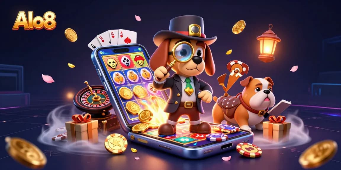 Alo8 features a casino adventure with a detective bloodhound examining poker chips amidst colorful gaming elements.