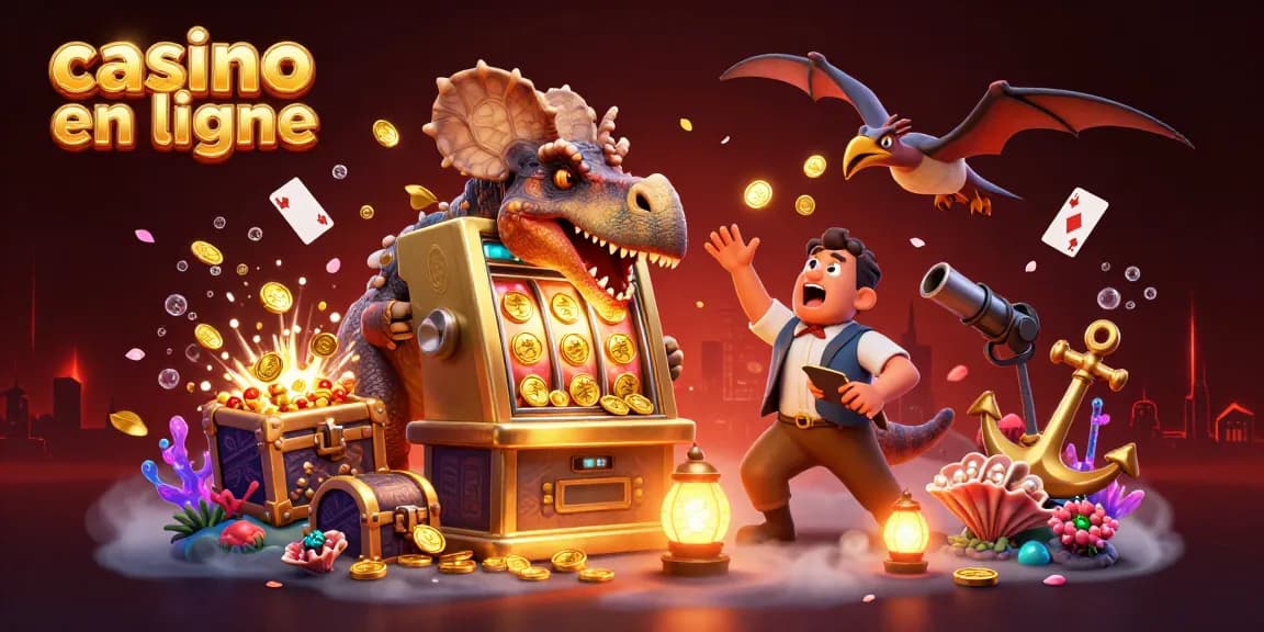 Une illustration dynamique de casino en ligne où un pachycéphalosaure frappe une machine à sous dorée, entouré de pièces d'or volantes.