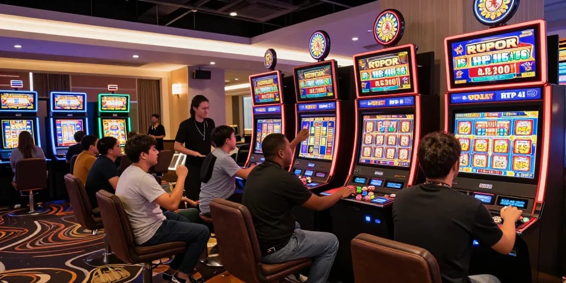 Suasana menarik di kasino dengan permainan slot gacor yang ramai dan antusiasme para pemain.