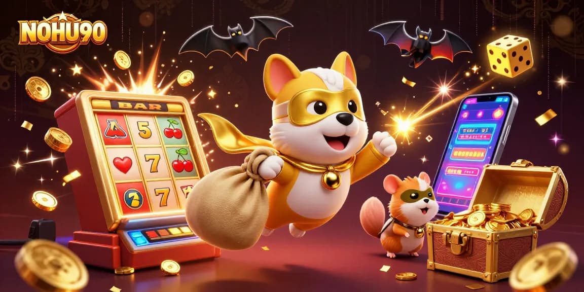 Nohu90 casino gaming explosion with a superhero dog, golden coins, and jackpot elements for an engaging experience.