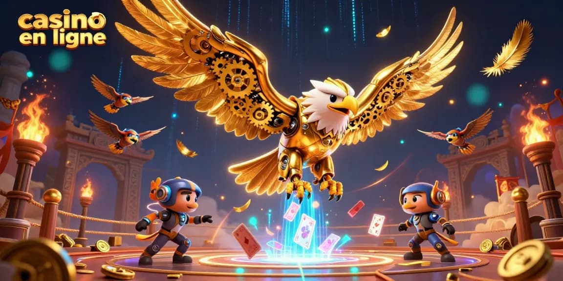 Jouez à des jeux captivants sur un casino en ligne entouré d'aigles cybernétiques et de cartes holographiques.