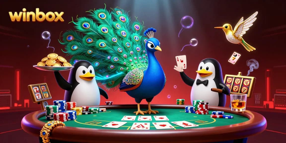 Winbox captures exhilarating poker moments with charming characters amidst vibrant casino elements.