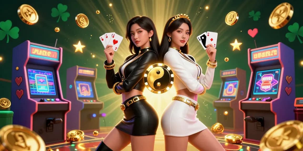 Experience the excitement of situs slot with twin Asian women showcasing casino cards amidst vibrant gaming elements.