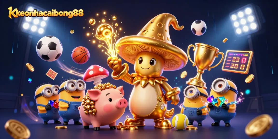 Engage with the magic of keonhacaibong88, featuring a golden mushroom wizard and dynamic sports elements.