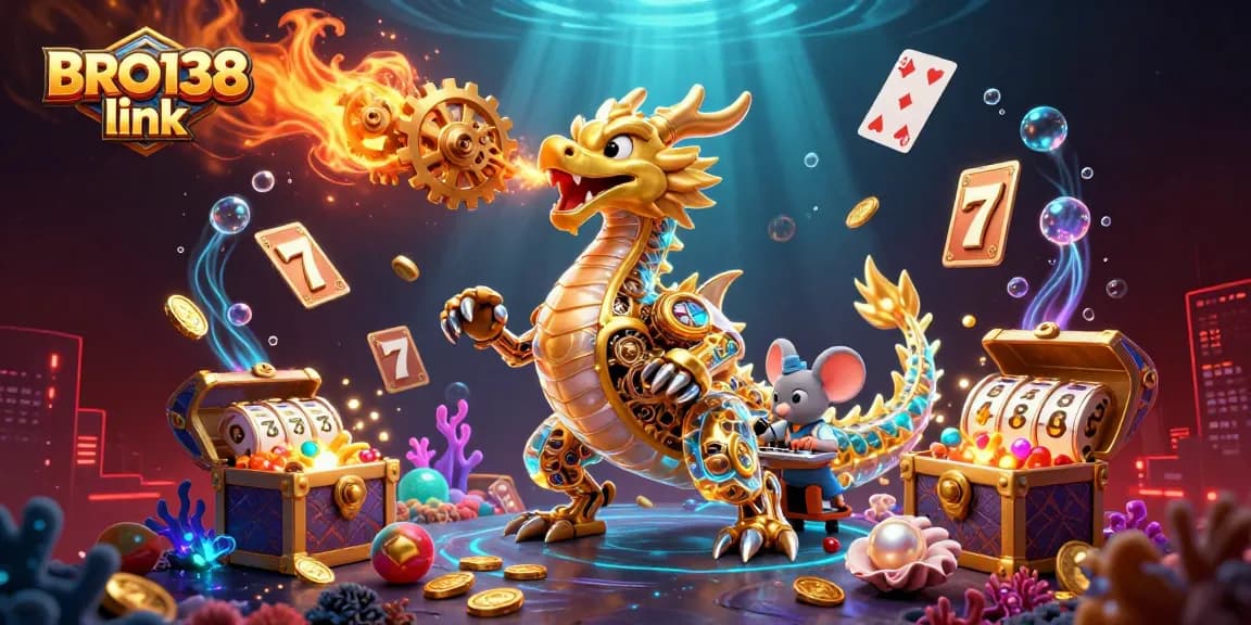 Experience the thrill of winning at BRO138 link with 3D dragon and slot elements in a dynamic casino scene.