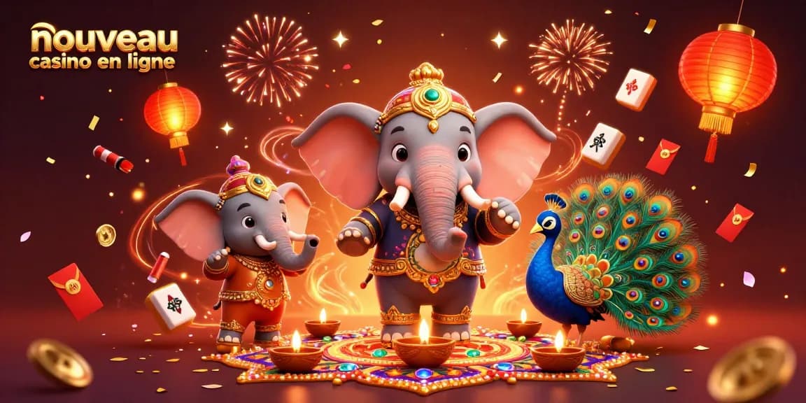 Découvrez le nouveau casino en ligne à travers une scène festive remplie d'éléments colorés et de jeux.
