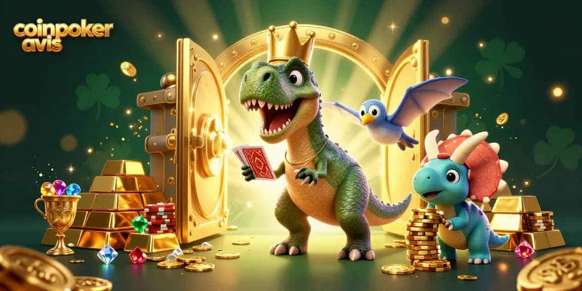 coinpoker avis : T-Rex et assistants jonglant avec cartes et jetons dans un casino brillant