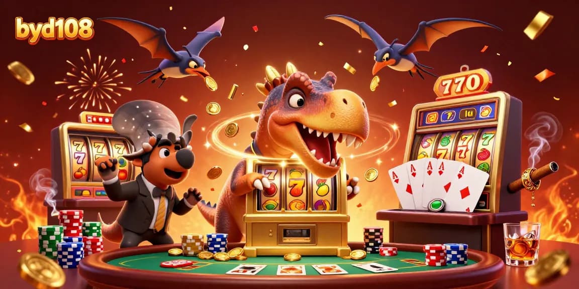 Permainan jackpot byr108 dengan karakter hewan kartun dan mesin slot yang mengeluarkan koin emas.
