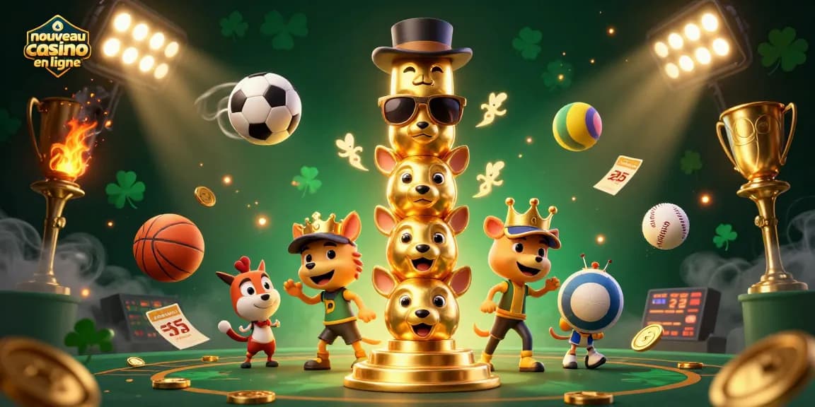 Pariez dans un nouveau casino en ligne avec un totem en or entouré d'éléments de sport et de jeux.