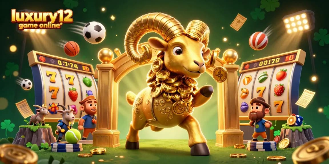 Experience thrilling luxury12 game online with a dynamic scene of golden ram, slot reels, and vibrant sports elements.