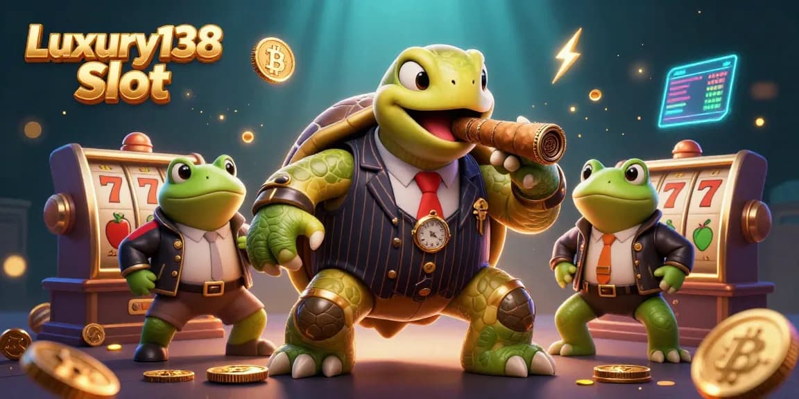 Engage with Luxury138 Slot in a vibrant 3D illustration featuring casino elements and cartoon characters.