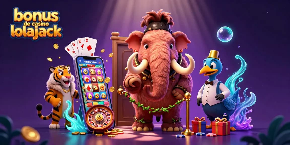 Jouez aux machines à sous avec le bonus de casino lolajack, entouré de personnages animés au casino.