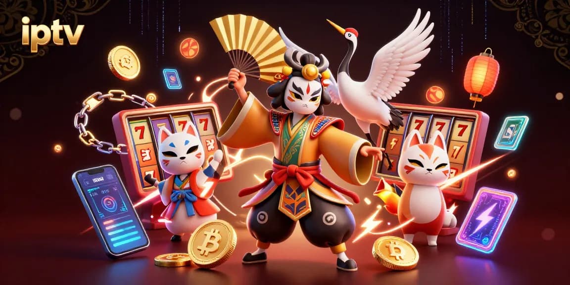 Engage with iptv offerings through vibrant 3D illustration of kabuki warrior amidst dynamic casino elements.