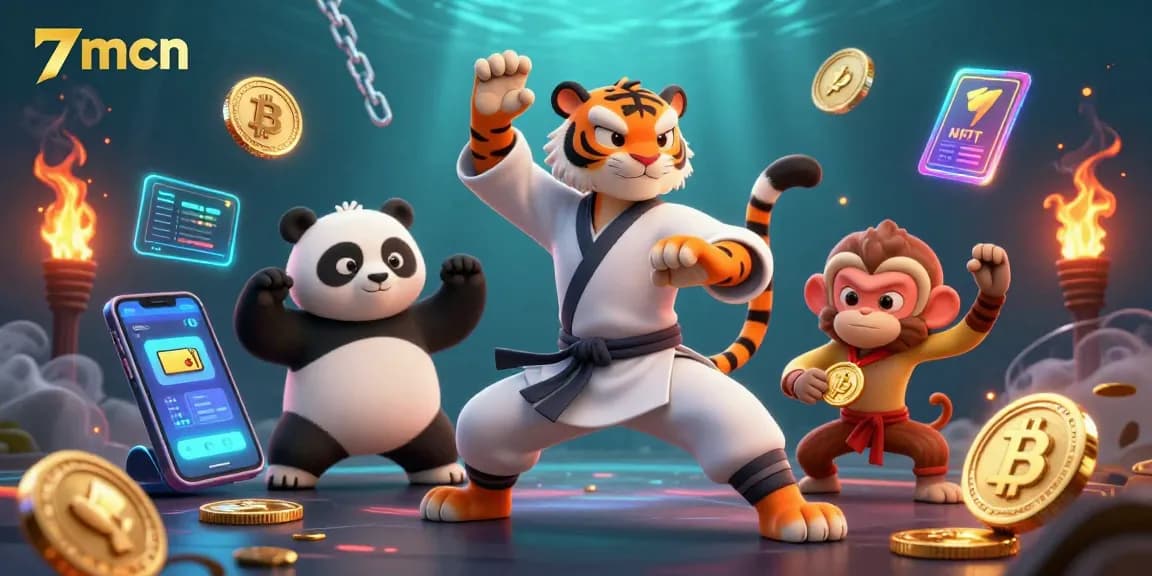 Engage with 7mcn's thrilling gameplay featuring a kung fu tiger, panda, and monkey in vibrant 3D action.