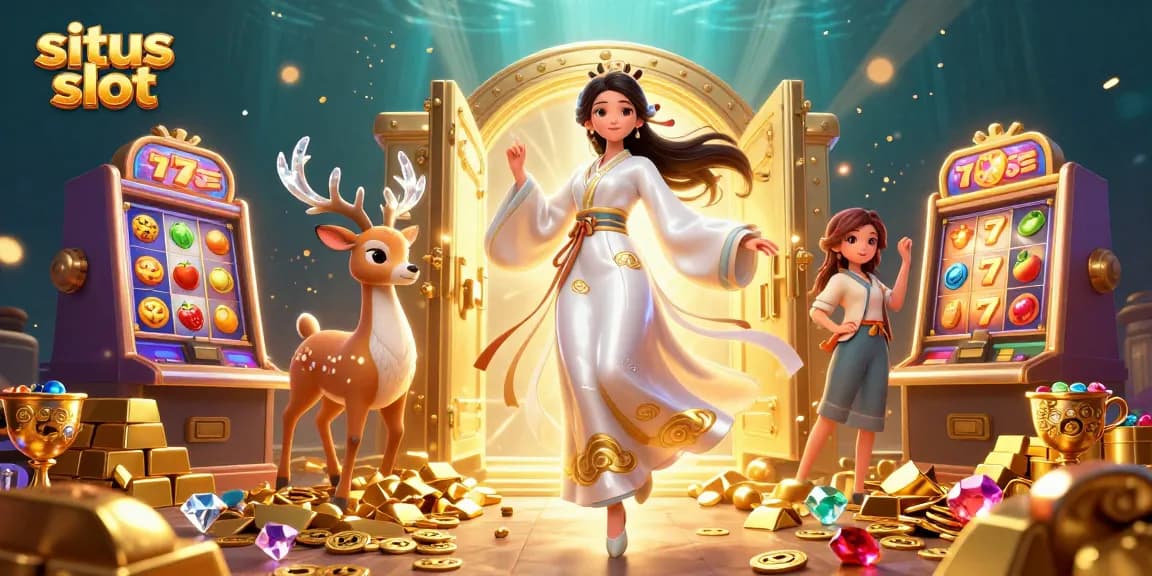 Engage in situs slot gameplay with vibrant slots, a stunning Asian woman, and a celestial deer in a treasure-filled scene.