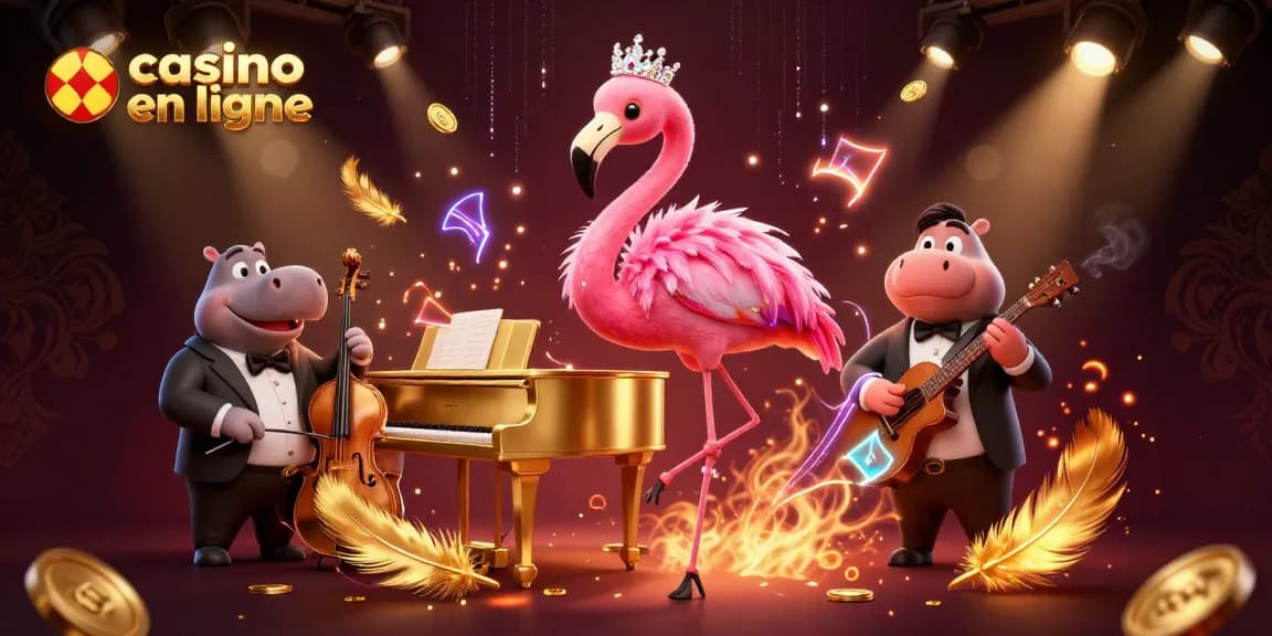 Jouer au casino en ligne avec l'illustration de la chanteuse flamant et du bassiste hippopotame entouré de jetons d'or.