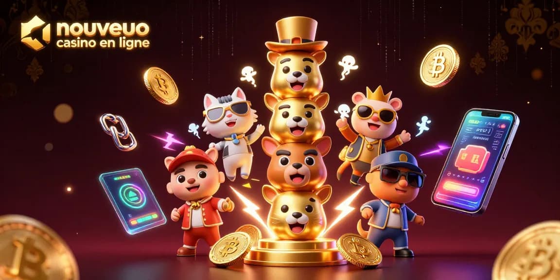 Nouveau casino en ligne : Découvrez un totem scintillant entouré de pièces virtuelles et d'éléments modernes.