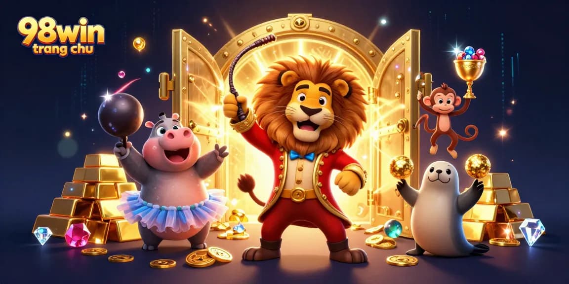 Engage with 98win trang chu's thrilling casino experience featuring vibrant cartoon characters and dazzling gold elements.