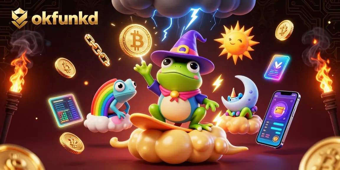 Experience thrilling jackpots with okfunkd in this vibrant 3D casino-themed illustration full of golden coins and games.