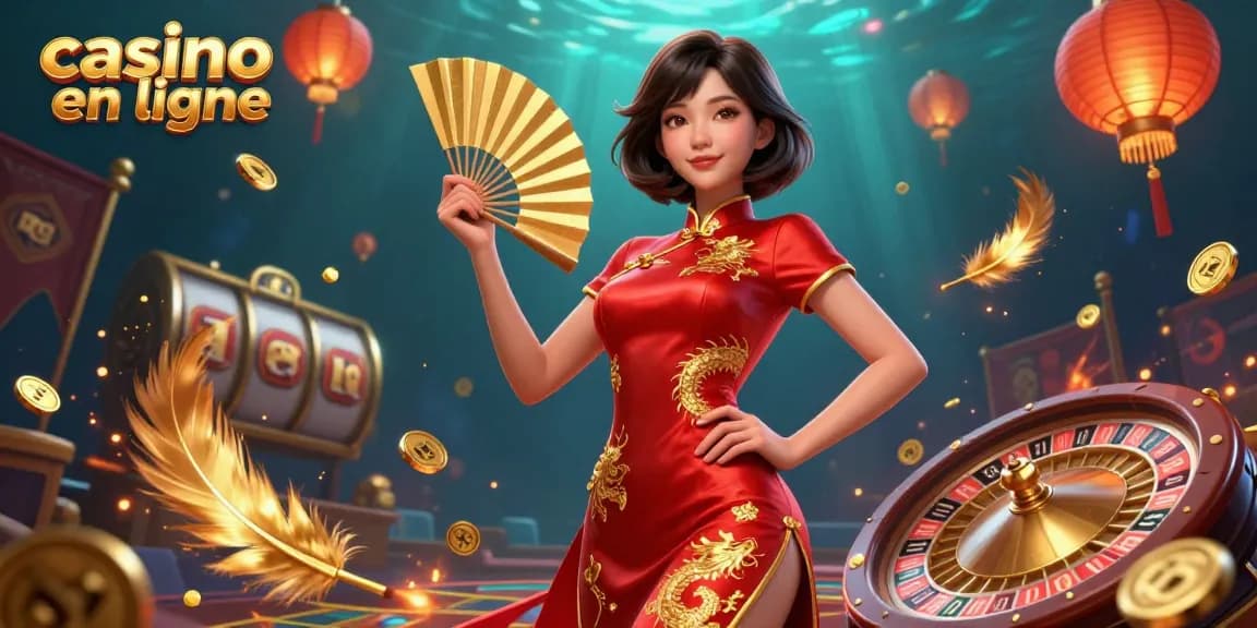 Découvrez le casino en ligne avec une magnifique femme asiatique parmi des éléments de casino vibrants et des pièces d'or.