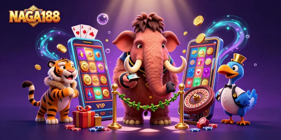 NAGA188 memberikan pengalaman kasino dengan bouncer bertanduk emas dan tamu VIP di ilustrasi 3D yang kaya detail.