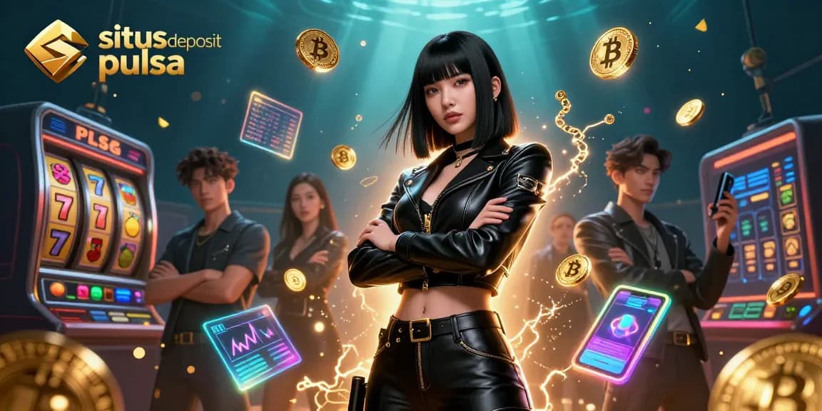 Situs deposit pulsa enables thrilling slot experiences with an Asian woman in a dynamic casino illustration.