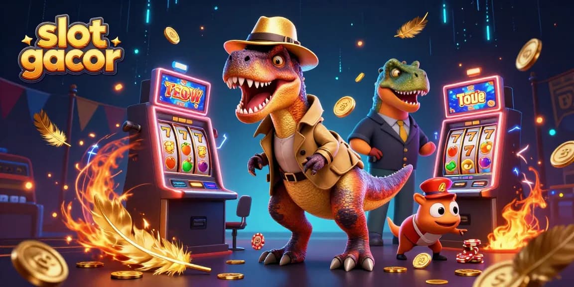 Watch the velociraptor at a slot gacor machine, while the pit boss and compy create a bustling casino scene.