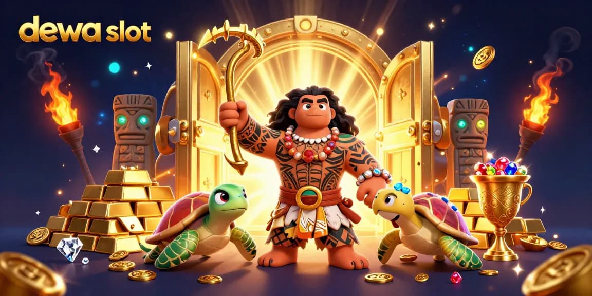 Bermain dewa slot dengan penggambaran 3D ceria, menampilkan kekayaan emas dan harta karun.