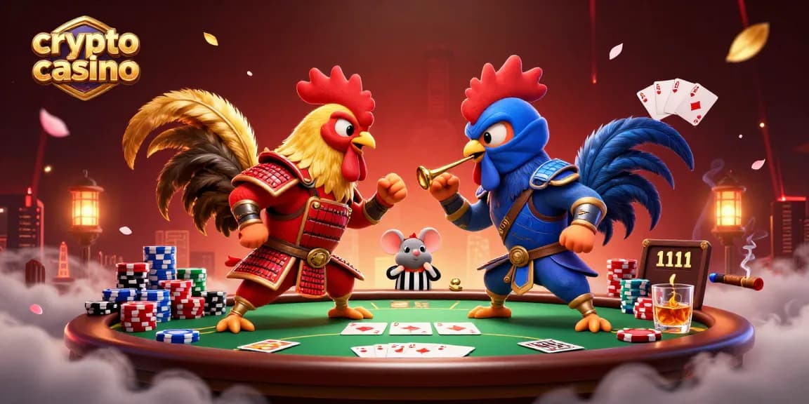Gioca nel crypto casino con galli combattenti e elementi di poker, in un'illustrazione vibrante.
