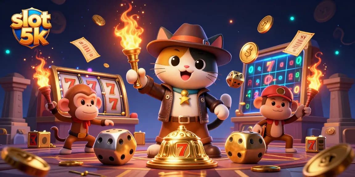 Spin to win in slot 5k with vibrant slot reels, golden coins, and a playful explorer!