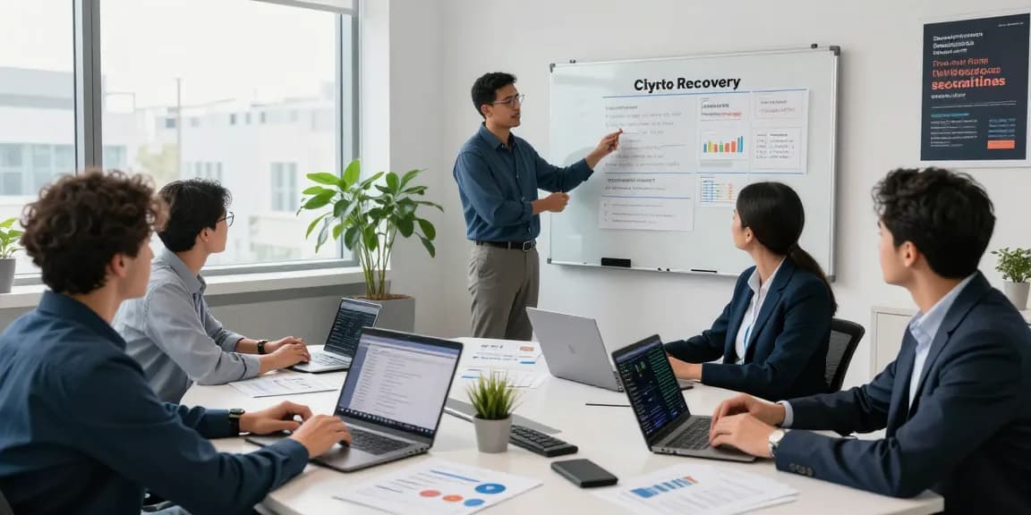 Recover lost crypto with a team of specialists brainstorming recovery strategies in a bright office.