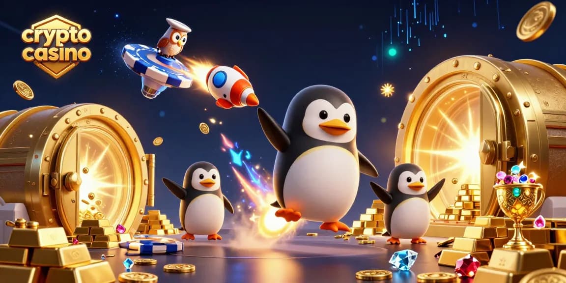 Évoluez dans le crypto casino avec des personnages animés et des trésors scintillants.