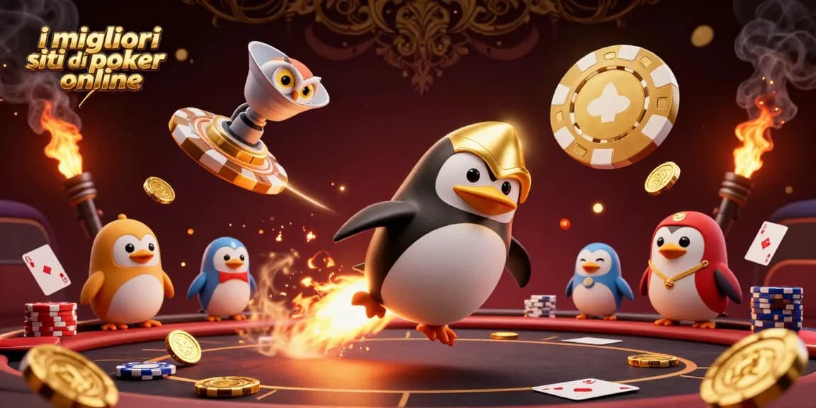 I migliori siti di poker online presentano un'illustrazione vivace di un pinguino d'oro a razzo e un chip da poker cosmico.