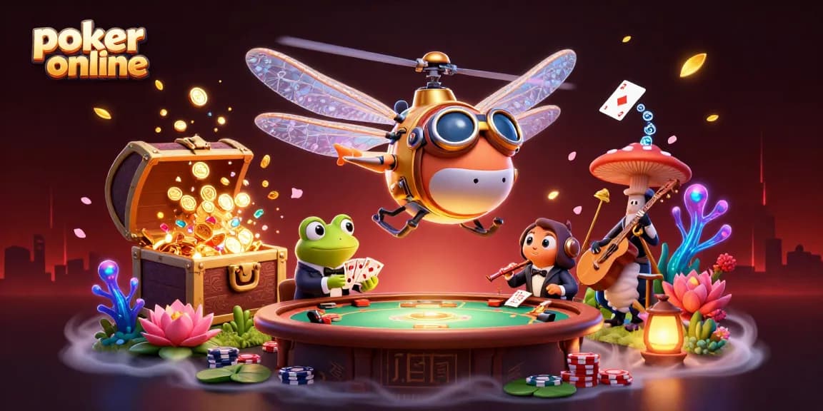 Jouer au poker en ligne avec un croupier grenouille et un pilote libellule dans un casino fascinant