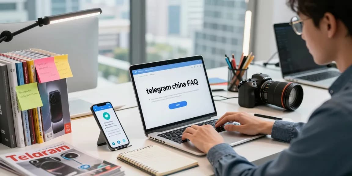 Person researching the telegram china FAQ in a modern workspace with gadgets.