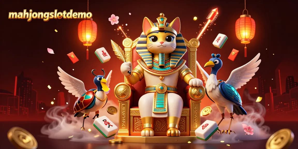 Play mahjongslotdemo in an engaging, colorful casino illustration with rich character elements.