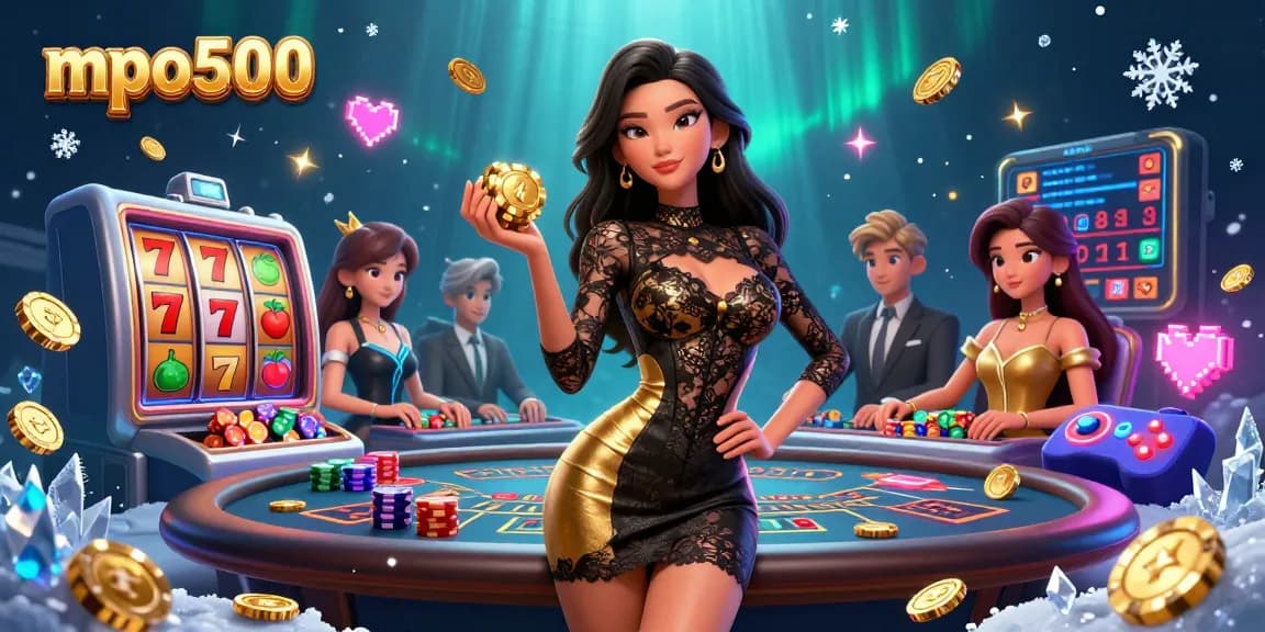 Engage with mpo500 at a lavish VIP baccarat table, surrounded by colorful slot game elements.