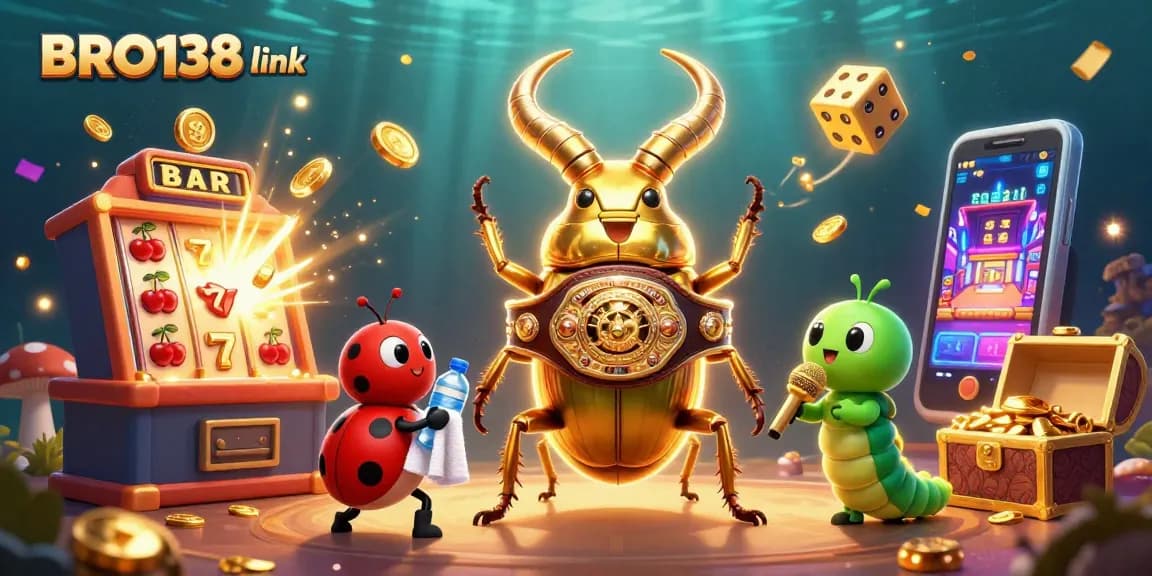 Engage in slots with BRO138 link where a golden stag beetle and characters enhance excitement.