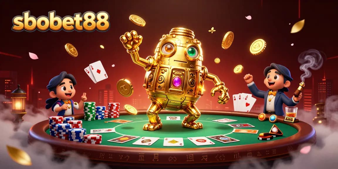 sbobet88 showcases an energetic casino scene with a golden golem and poker elements.