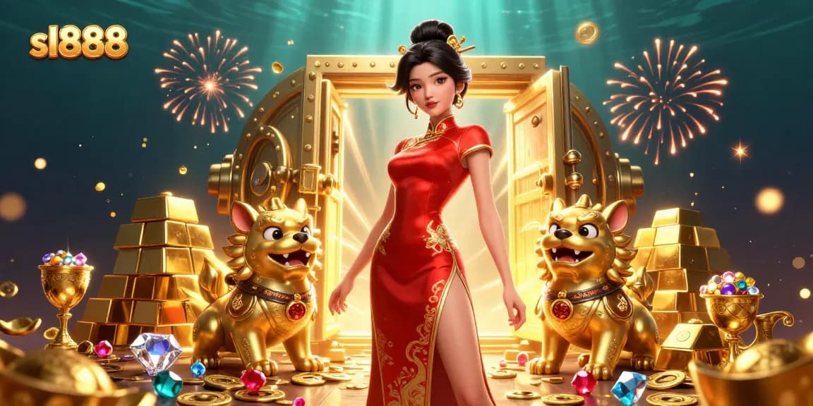 Join in the excitement at sl888 with a glamorous Asian woman, golden foo dogs, and a treasure vault!
