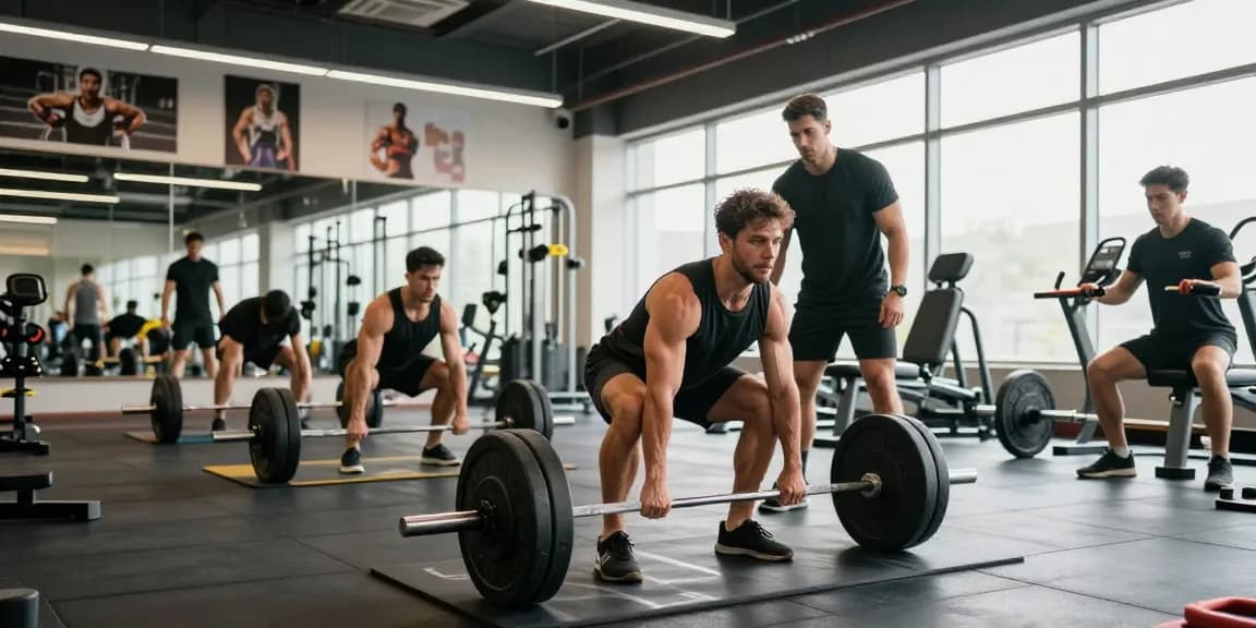 Bodybuilder training at Deus Medical Shop gym, demonstrating deadlifts amidst vibrant workout atmosphere.