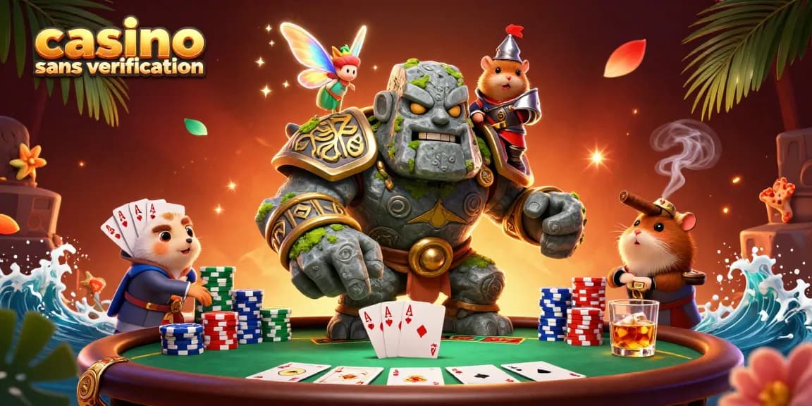 Visualisez des jeux au casino sans vérification avec un golem magique et un hamster chevalier jouant aux cartes.