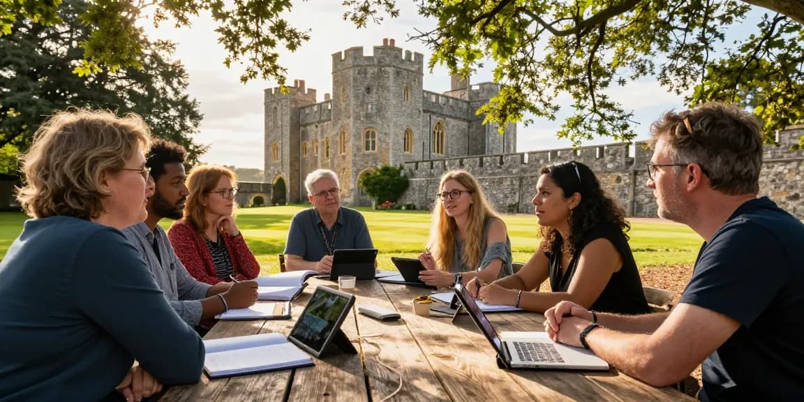 The engaging discussion about Tynte's Castle history on the interactive platform, https://tyntescastle.com, surrounded by ancient stone walls and an inviting outdoor setting.